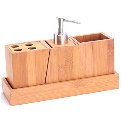 MSV Ensemble de 3 Accessoires de Salle de Bain KEA INOX & Bambou