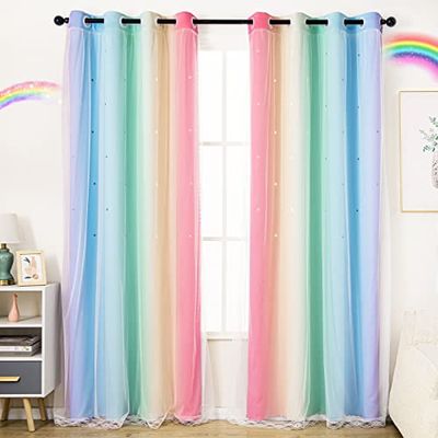 Unistar Lot de 2 Rideaux occultants à Motif d'étoiles pour Chambre de Fille, Chambre d'enfant, décoration esthétique de Salon, Double Couche, découpe d'étoiles, Rayures colorées, décoration Murale,