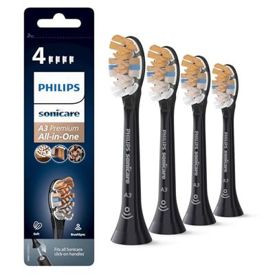 Philips Sonicare A3 Premium cabezal de cepillado todo en uno de recambio original para cepillo dental eléctrico: paquete de 4 cabezales de cepillado de recambio Philips Sonicare en negro (HX9094/11)