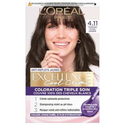 L’ORÉAL PARIS - Coloration Cheveux Permanente Triple Soin - Anti-Reflets Jaunes - Couvre 100% des Cheveux Blancs - Excellence Cool Crème - Nuance : Châtain Ultra Cendré (4.11)