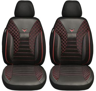 BREMER SITZBEZÜGE Dimension Car Seat Covers Compatible with Hyundai i40 Driver & Passenger Set from 2011-2019 / Car Seat Cover Velour Faux Leather Set of 2 in Black/Red Stitching