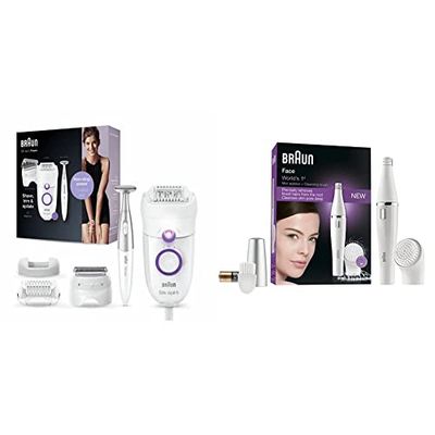 Braun Silk-épil 5 Power Epilator, Hair Removal with Electric Shaver Head & Bikini Trimmer, White/Purple & FaceSpa Face Epilator, Hair Removal with Facial Cleansing Brush Head, SE810, White
