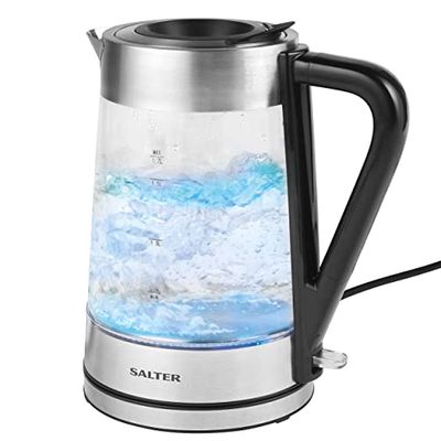 Salter EK5078SS Electric Glass Kettle - 1.7L, BPA-Free, Colour Changing Dual LED Lights Red To Blue, Boil Dry Sensor, Anti-Limescale Filter, 360° Swivel Base, 2200W, Easy Fill Lid, Strix Control