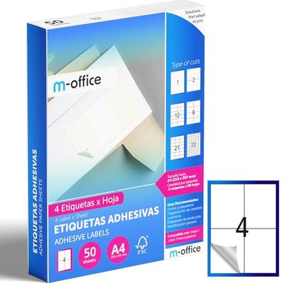 M-office Etiquetas Adhesivas A4 compatible con Label Printer, Pegatinas Blancas Adhesivas para Uso Diario, Papel Adhesivo para Imprimir, Pegatinas para Escribir (4 por hoja, 50h)