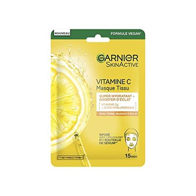 Garnier - Masque Tissu Hydratant - Booster d'Eclat - Enrichi en Vitamine C et Acide Hyaluronique - Formule Vegan - Pour les Peaux Ternes et Fatiguées - 28 g