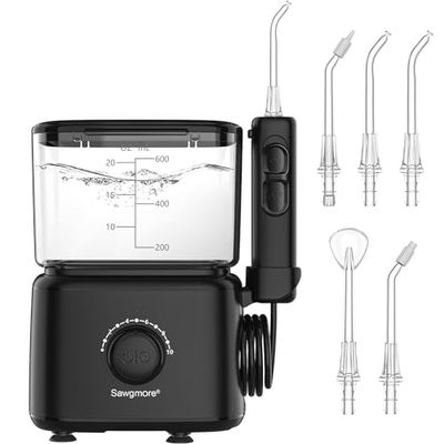 Sawgmore Irrigador Dental, Irrigador Bucal con 5 Boquillas Multifuncionales, Capacidad de 600ML, 10 Ajustes de Presión del Agua, Limpieza Dientes para Cuidado Dental Familiar (Negro)