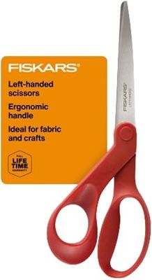 Fiskars Tijeras multiusos para zurdos, ergonómicamente contorneadas, acero inoxidable de 8 pulgadas, tijeras de papel y tela para oficina, artes, manualidades y rellenos de calcetines, color rojo