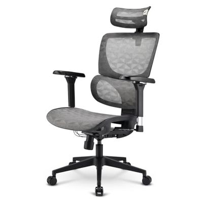 Sharkoon OfficePal C40M - Chaise de Bureau Grise en Maille - Ajustement Complet du Siège - Soutien Lombaire Intégré - Appui-tête Règlable - Accoudoirs Règlables - Fonction de Bascule - Pour Bureau
