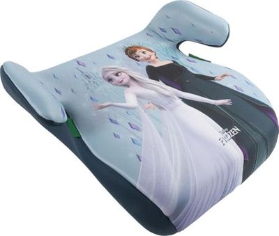 Disney Frozen i-Size ECE R129/03 autostoel met rugleuning. Kinderveiligheidsheffer met een hoogte van 126 tot 150 cm. Rise met afbeeldingen van Elsa en Anna, kinderzitje op een blauwe achtergrond.