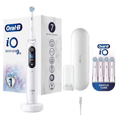 Oral-B iO - 9n - Brosse à Dents Électrique Rechargeable, 1 Manche Haut de Gamme Blanc Albâtre avec Technologie Magnétique Révolutionnaire, 4 Brossettes Gentle Care, 1 Étui de Voyage Chargeur