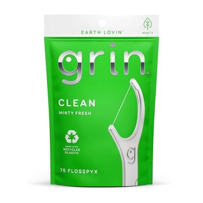 Grin Clean Flosspyx Filo interdentale, 75 pezzi, gusto menta, plastica riciclata, super resistente, per denti stretti, testina più lunga di alta qualità, include scovolino pieghevole sicuro
