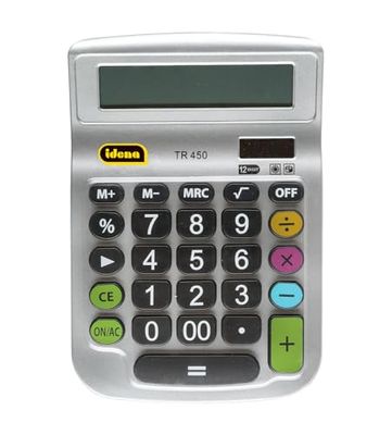 Idena 505292 - Calcolatrice da tavolo TR 450, display a 12 cifre, funzionamento a batteria, funzionamento solare, calcolo delle radici, calcolo delle percentuali, funzione memoria, argento