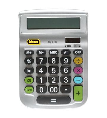 Idena 505292 - Calculatrice de bureau TR 450, affichage 12 chiffres, fonctionnement sur piles, fonctionnement solaire, calcul de racine carrée, calcul de pourcentage, fonction mémoire, argenté