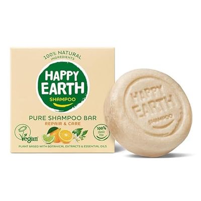 Happy Earth - Barre de shampoing - Cheveux secs et abîmés - Pour homme et femme - Bloc de shampoing - 100% d'ingrédients naturels & végétalien - 70 g