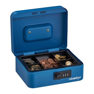Relaxdays Caja Dinero, Combinación Números 3 Cifras, Acero, Cajita para Monedas y Billetes, 8,5 x 20 x 17 cm, Azul