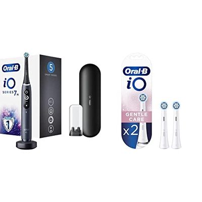 Oral-B iO 7n, Brosse à Dents Électrique Rechargeable, Souple pour Voyage, Détecteur de Position, 1 Brossette et 1 Étui de Voyage Premium Offert, Noir & iO Gentle Care Brossettes de Recharge, Pack de 2