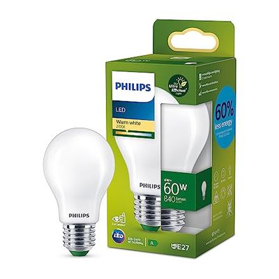 Philips, ampoule LED Ultra Efficient Classe A, 60W, culot E27, blanc chaud 2700K, dépolie, verre