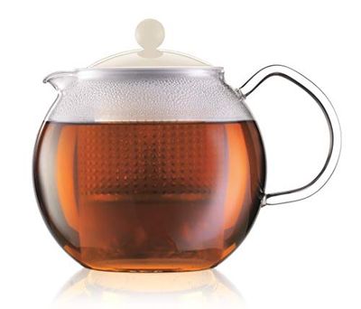 Bodum - Teiera con Filtro in Vetro borosilicato, con Manico in Vetro e Coperchio in plastica colorato, 1 litro Bianco