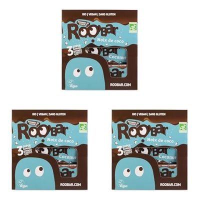 Roo'bar Barres Vegan sans Gluten Noix de Coco Enrobées Chocolat Noir - Lot de 9 - encas sportif - snack sain - 100% naturel