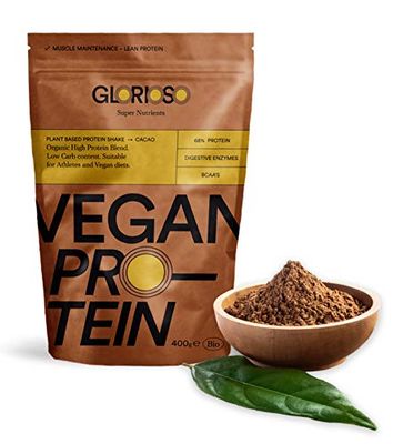 Protéine végétalienne saveur chocolat en poudre 100% bio - 400 g - Idéal pour régimes alimentaires, augmenter ou maintenir la pâte musculaire - Sans lactose ni Gluten - Glorieux Super Nutrients