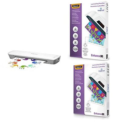 Fellowes Plastificatrice Ion A3 con Starter Pack e Pouches Lucide Enhance80 - Formato A3 e A4, 210 Pezzi Totali
