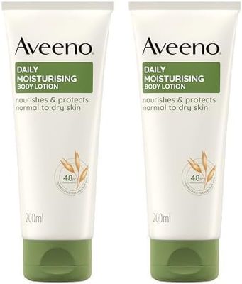 Aveeno Daily Moisturising Body Lotion, With Soothing Oats & Rich Emollients, Suitable For Sensitive Skin, Nourishes and Protects Normal to Dry Skin, Fragrance Free, 200ml (Pack of 2)