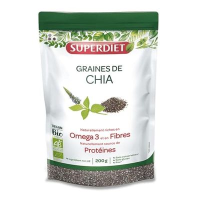 SUPERDIET - GRAINES DE CHIA BIO - Source de Protéines & Riches en Fibres et en Omega 3 - Sachet de 200g