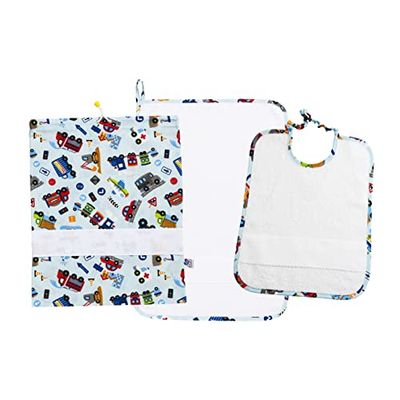 FILET - Ensemble Trois Pièces Jardin d'Enfants avec Toile Aida à Broder, Composé de un Sac, une Serviette et un Bavoir en Tissu Éponge Blanc, 100% Coton, Made in Italy, Fantaisie Voitures Fond Bleu