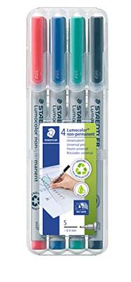 STAEDTLER 311 WP4 Lumocolor Non-Permanent Pen, Superfine Line Width, 0.4mm - Assorted Colours (Pack of 4)