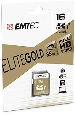 EMTEC, ECMSD16GHC10GP, Carte SD 16 Go Classe 10 UHS-I U1 avec adaptateur, vitesse de lecture jusqu'à 90MB/s, idéale pour appareils photo et caméscopes, taille 16 Go, Couleur or