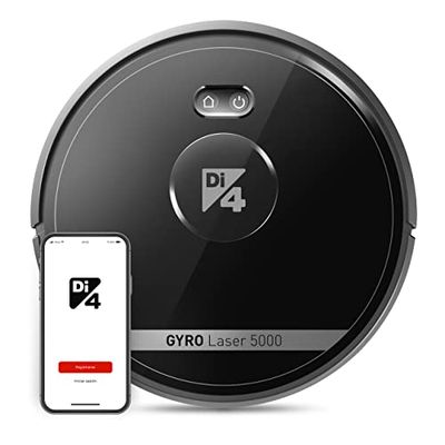 Di4 Gyro Laser 5000 Robot Aspirateur 4en1, Aspire, Balaie, Frotte et Serpillière, 5000PA, APP Control Alexa et Google Home, 7 Programmes de Nettoyage, Auto Rechargeable, 120min d'Autonomie Noir
