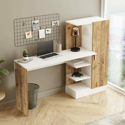 Dmora Anchor Desk, Multipurpose Writing Desk, Office Table for PC Holder, Worktop, 152 x 40 x 120 cm, Oak and White