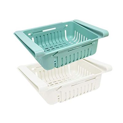 Joejis Set of 2 Fridge Organizer Rack Inserts, Plastic Fridge Storage Containers, Retractable Fridge Organisers (Blue & White)