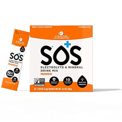 SOS Hydration Electrolytes Powder Sachets - Dehydration Mineral Water Flavoring Drink Mix Multiplier, Helps Renew Energy & Rehydration, with Potassium & Low Sugar - Mango (20 Servings)