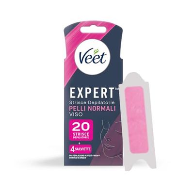 Veet Expert Strisce Depilatorie Viso, Ceretta per Pelli Normali con Burro di Karitè, Dermatologicamente Testate, 20 Strisce (10x2 Strisce) + 4 Salviette Post-Epilazione con Olio D'Argan