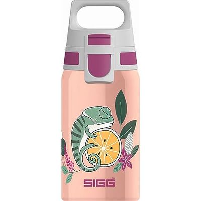SIGG - Roestvrijstalen drinkfles voor kinderen - Shield One Flora - Geschikt voor koolzuurhoudende dranken - Lekvrij - Vederlicht - BPA-vrij - Sport & School - Roze met kameleon - 0,5 l