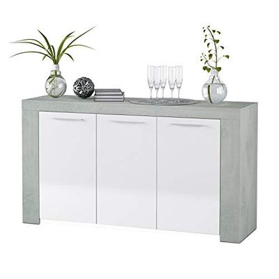 Habitdesign Aparador, Buffet moderno, armário auxiliar sala de jantar, modelo Ambit, cor branca Artik e cinza, medidas: 144 cm (largura) x 80 cm (altura) x 42 cm (profundidade)