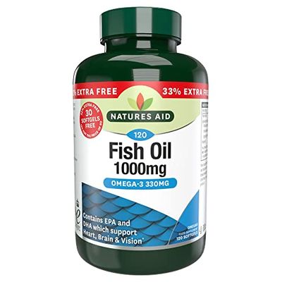 Natures Aid Fish Oil 1000mg – High Strength Omega-3 Supplement with DHA & EPA – Supports Heart, Brain Vision, Immune & Joint Health Non-GMO – High Strength Natural Fish Oil – 120 Softgel Capsules