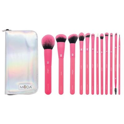 MODA Totally Electric - Set di 13 pennelli da trucco per viso, include pennelli per cipria, carnagione, fard, sfumature, sfumature, pieghe (rosa fluo)