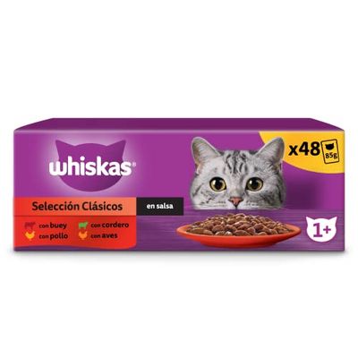 Whiskas Natvoer voor katten en volwassenen, klassieke selectie in saus (multipack, 4 x 12 x 85 g)