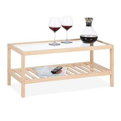 Relaxdays Side Table, Living Room with Glass Top, Wood, HxWxD: 35 x 80 x 40 cm, Bedside, Square Storage Board, Natural