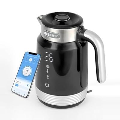 Geepas Smart Stainless-Steel Kettle, 1.7L | WiFi Internet Kettle, Voice Control Google & Alexa| Strix controller, Digital Temperature Display, Double Wall & Anti-Scalding Design | 2200W, Black