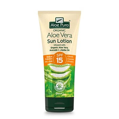 Aloe Pura Aloe Vera Sun Lotion SPF 15, Naturale, Vegano, Non testato sugli animali, Senza Parabeni e SLS, Protezione Duratura, Protezione Media, 200ml