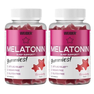 Weider PACK DUO Melatonin Gummies (2x60 Caramelle Gommose) Sapore Fragola. Con 1mg di Melatonina per dose, Aiuta para il Sonno e contro il Jet lag, Senza Glutine, Senza Zucchero
