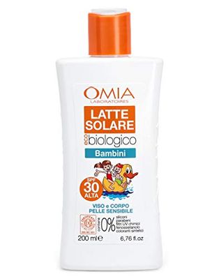 Omia, Latte Solare Eco Bio Bambini SPF 30 Viso e Corpo, Protezione Solare Bambini Alta per Pelli Delicate e Sensibili, con Olio di Mandorle e Olio di Sesamo, Dermatologicamente Testato - 200 ml