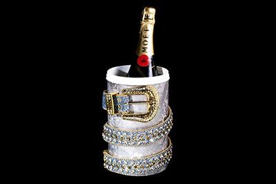 Glacette per Vino e Champagne, Secchiello portaghiaccio, regalo portabottiglia metalizzato e decorato con cintura glitterata argentata