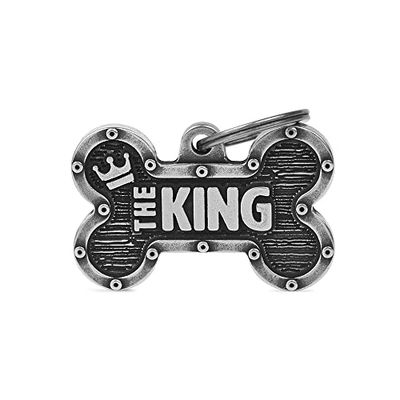 MyFamily Hond Medaille Gemaakt In Italië, Geweldig "The King" Bot, Hondenplaat, Old Silver, Bronx Collectie, 38x24 mm