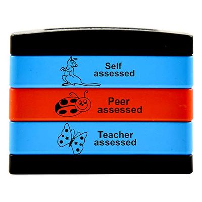 SuperStickers Multi Message 3-in-1 Stamp Stack for teachers: Self Assessed/Peer Assessed/Teacher Assessed in blue and red ink.