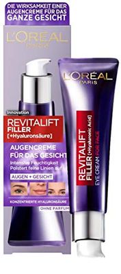 L'Oréal Paris Revitalift Filler Hyaluronic Acid Anti-Ageing Eye Cream for Face, Anti-Wrinkle and Volume, with Hyaluronic Acid, Vitamin CG & E, 30 ml