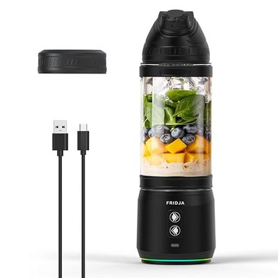 Fridja Batidora Portátil 240W – Recargable por USB-C – A Prueba de Fugas y Compacta – Botella sin BPA con 6 Cuchillas Dentadas – Ideal para Batidos y Proteínas – 700ml – Negro